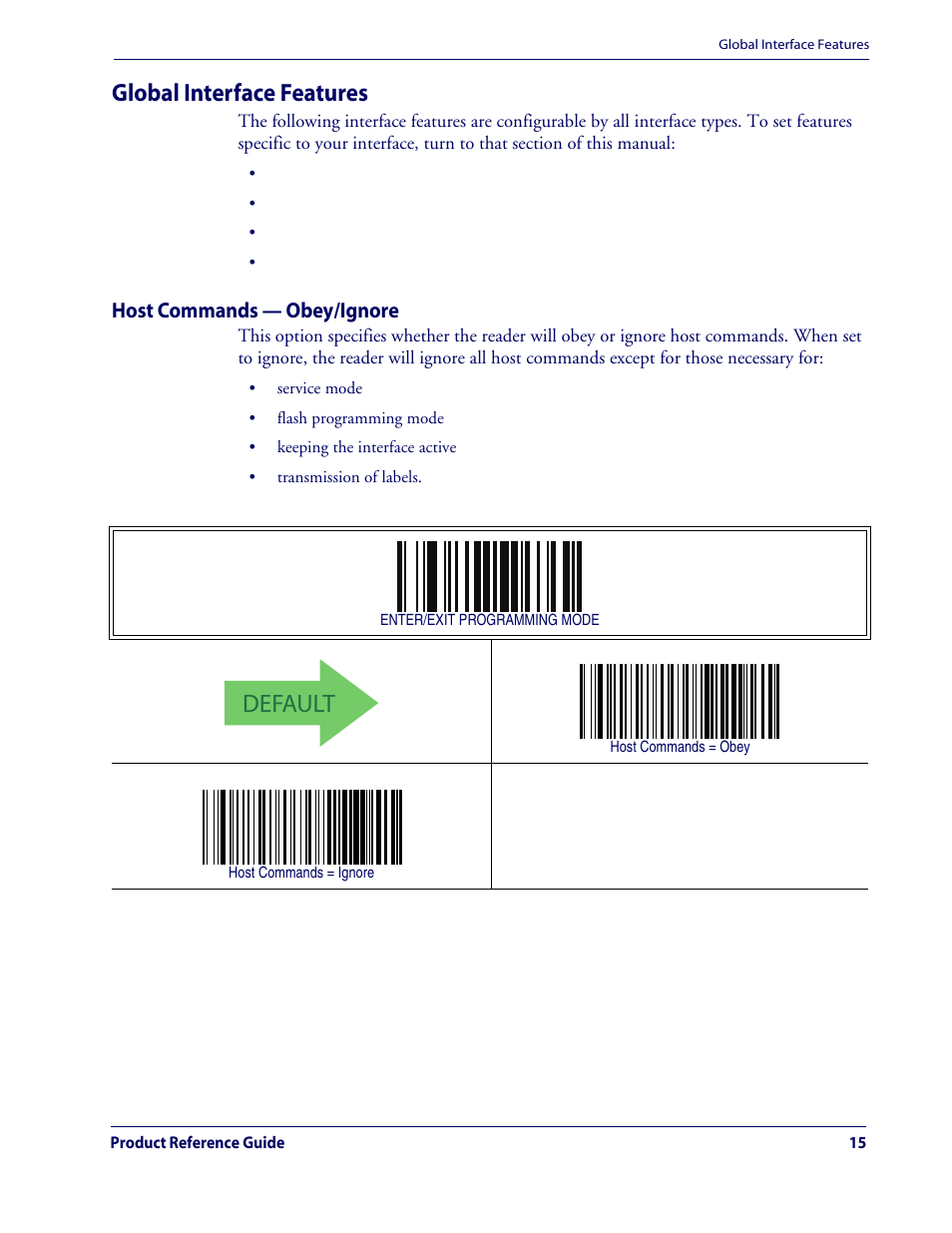 Global interface features, Host commands — obey/ignore, Default | Rice Lake Datalogic QuickScan QD2100 Linear Imager Hand-held Scanner User Manual | Page 23 / 320