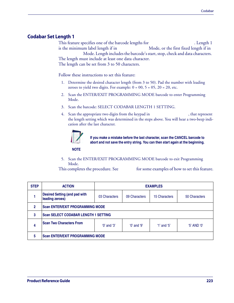 Codabar set length 1, Codabar — cont | Rice Lake Datalogic QuickScan QD2100 Linear Imager Hand-held Scanner User Manual | Page 231 / 320