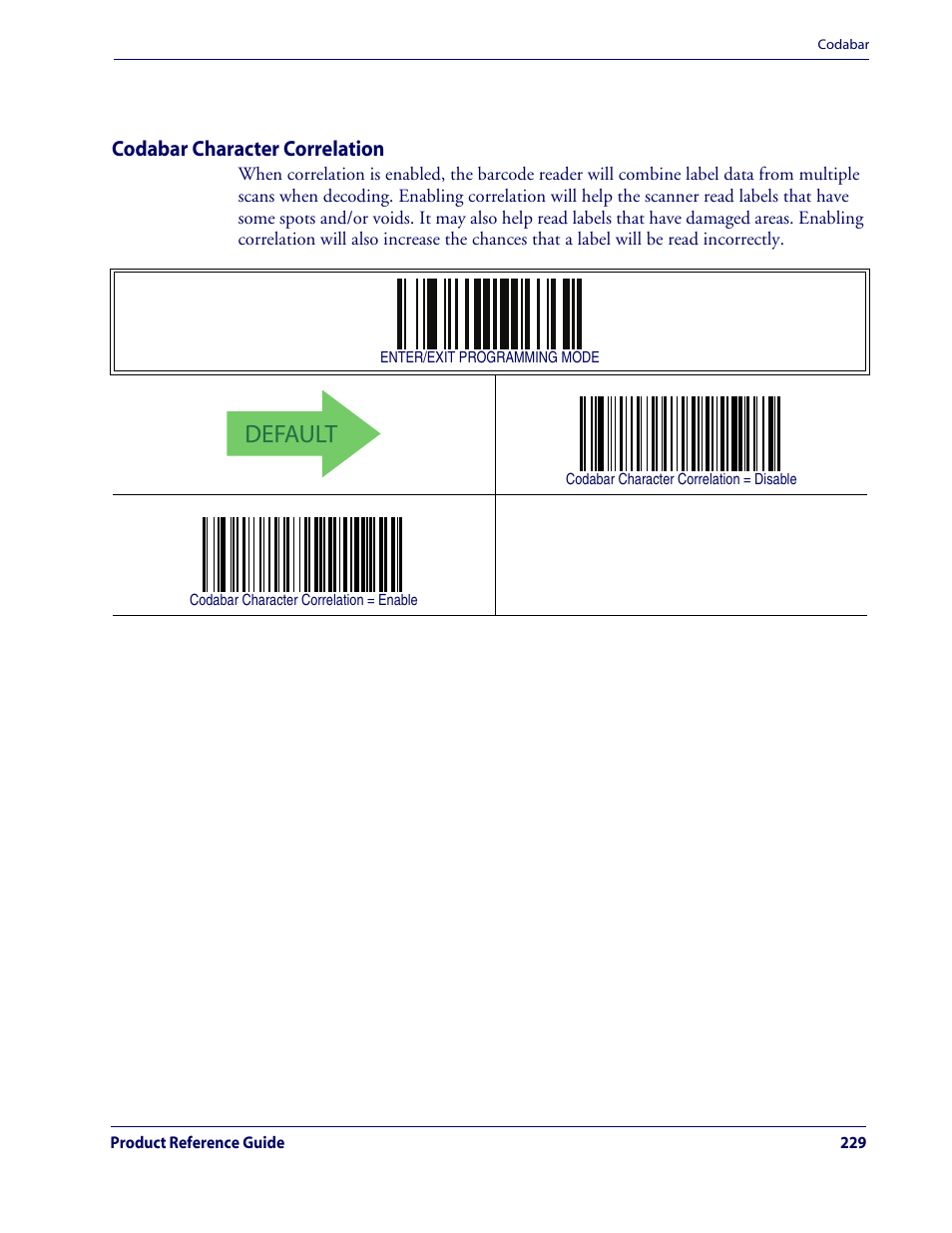 Codabar character correlation, Default, Codabar — cont | Rice Lake Datalogic QuickScan QD2100 Linear Imager Hand-held Scanner User Manual | Page 237 / 320