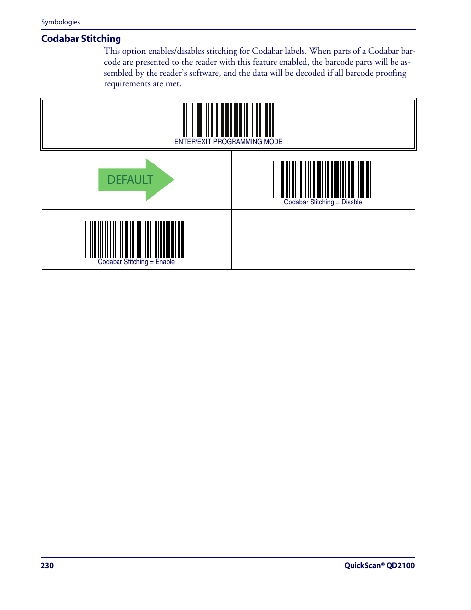 Codabar stitching, Default | Rice Lake Datalogic QuickScan QD2100 Linear Imager Hand-held Scanner User Manual | Page 238 / 320