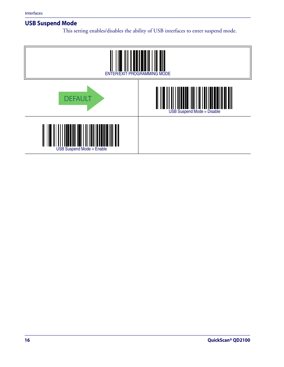 Usb suspend mode, Default | Rice Lake Datalogic QuickScan QD2100 Linear Imager Hand-held Scanner User Manual | Page 24 / 320