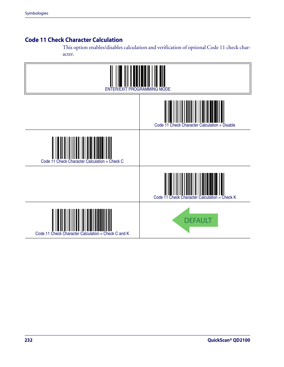 Code 11 check character calculation, Default, Code 11 — cont | Rice Lake Datalogic QuickScan QD2100 Linear Imager Hand-held Scanner User Manual | Page 240 / 320