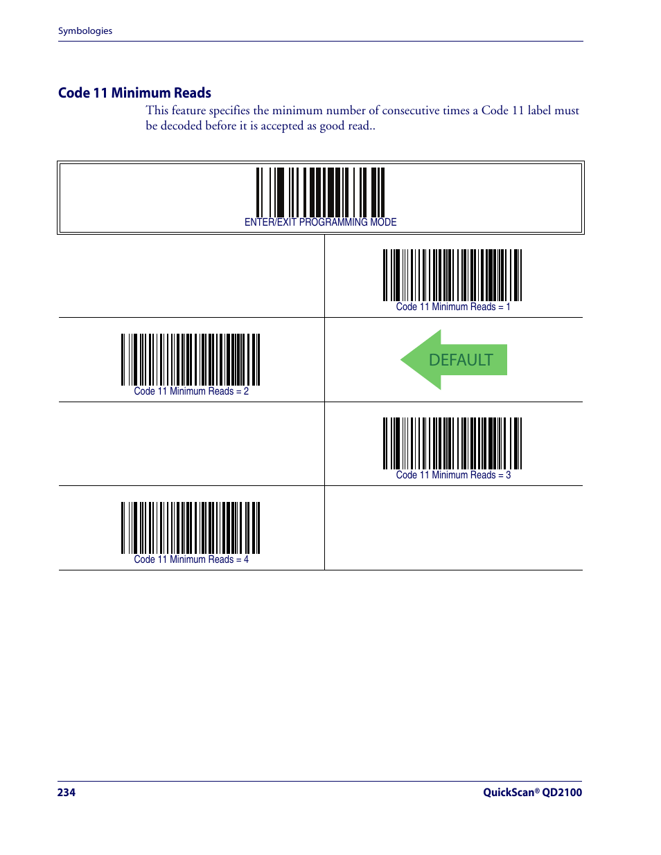 Code 11 minimum reads, Default, Code 11 — cont | Rice Lake Datalogic QuickScan QD2100 Linear Imager Hand-held Scanner User Manual | Page 242 / 320