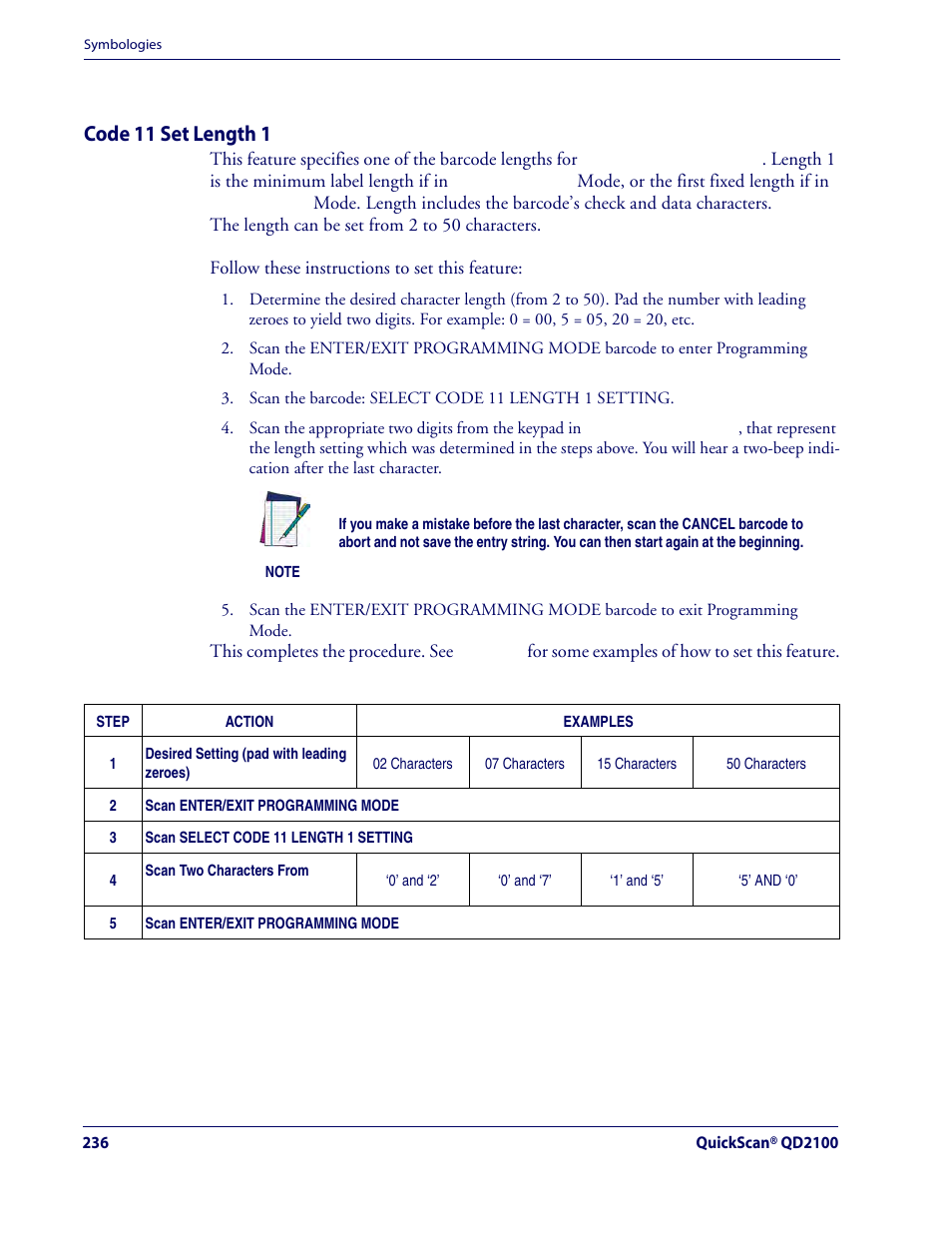 Code 11 set length 1, Code 11 — cont | Rice Lake Datalogic QuickScan QD2100 Linear Imager Hand-held Scanner User Manual | Page 244 / 320