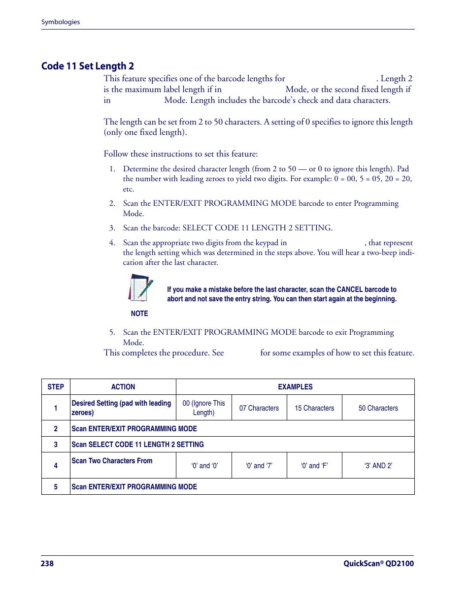 Code 11 set length 2, Code 11 — cont | Rice Lake Datalogic QuickScan QD2100 Linear Imager Hand-held Scanner User Manual | Page 246 / 320