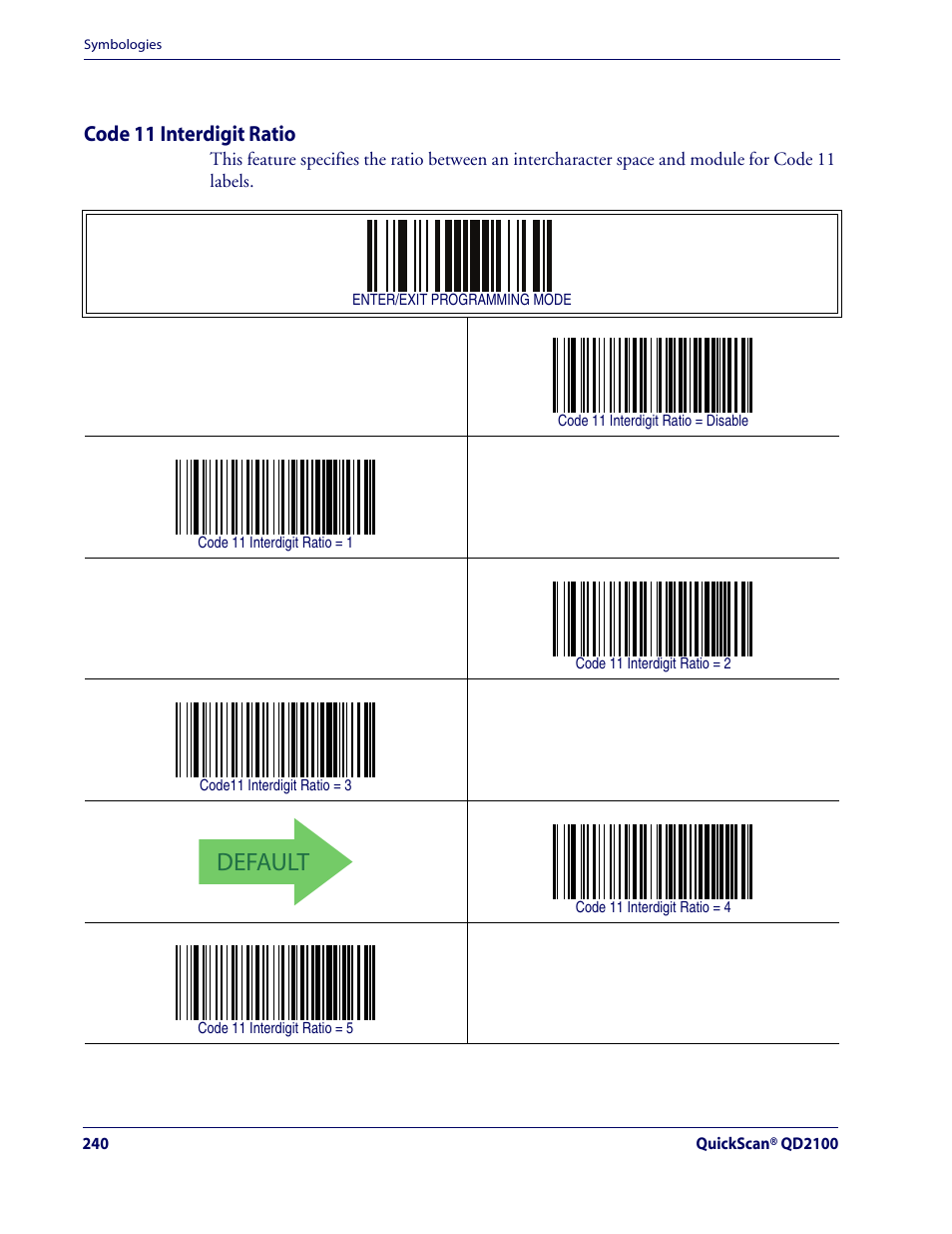 Code 11 interdigit ratio, Default, Code 11 — cont | Rice Lake Datalogic QuickScan QD2100 Linear Imager Hand-held Scanner User Manual | Page 248 / 320