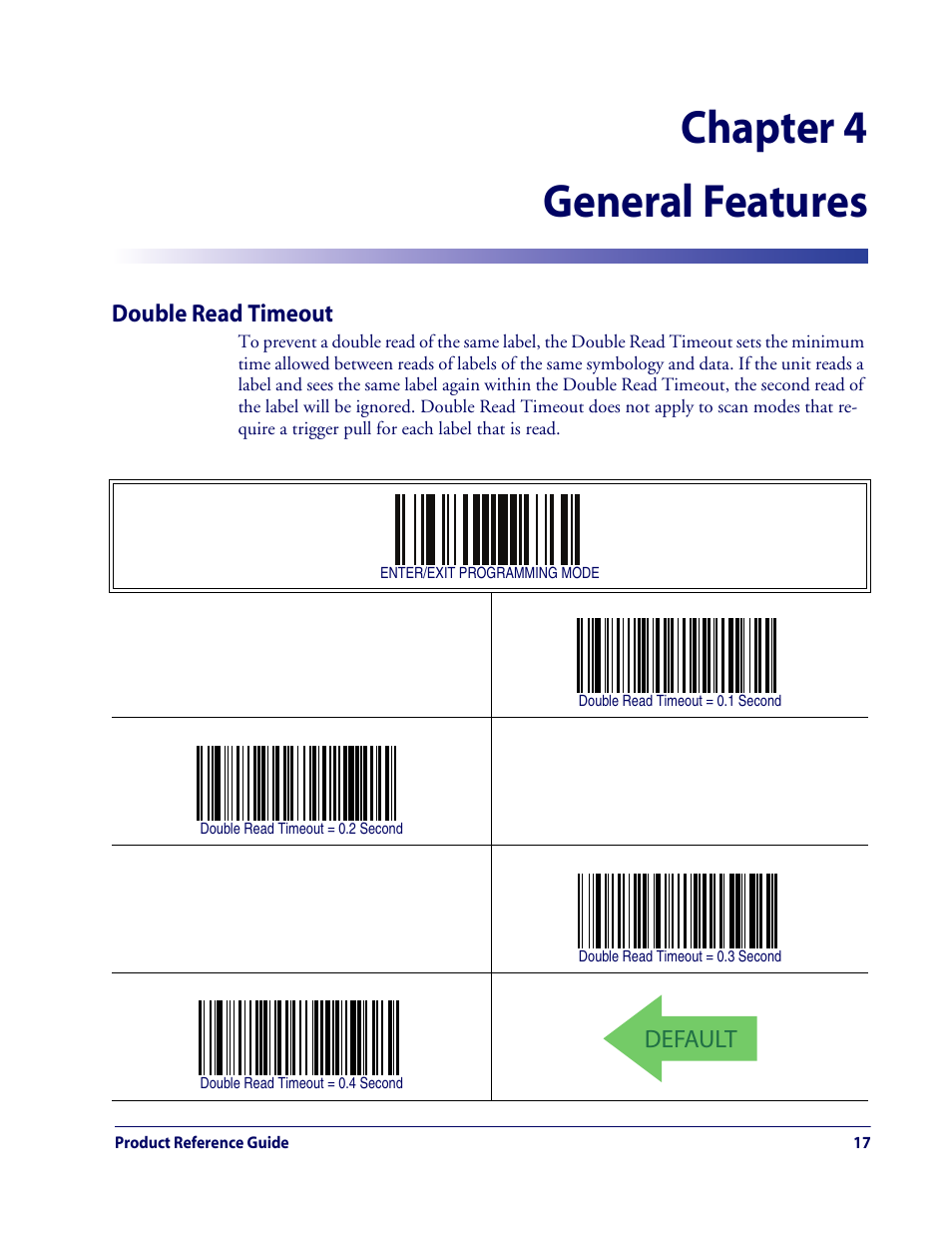 General features, Double read timeout, Chapter 4. general features | Chapter 4, general features, Includes programming barc, Chapter 4 general features | Rice Lake Datalogic QuickScan QD2100 Linear Imager Hand-held Scanner User Manual | Page 25 / 320