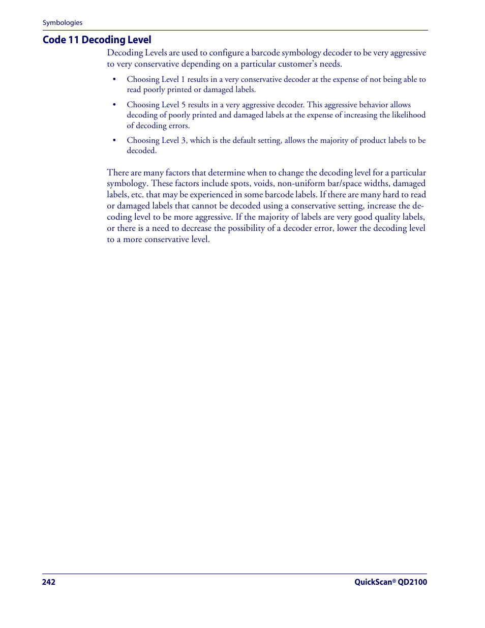 Code 11 decoding level | Rice Lake Datalogic QuickScan QD2100 Linear Imager Hand-held Scanner User Manual | Page 250 / 320