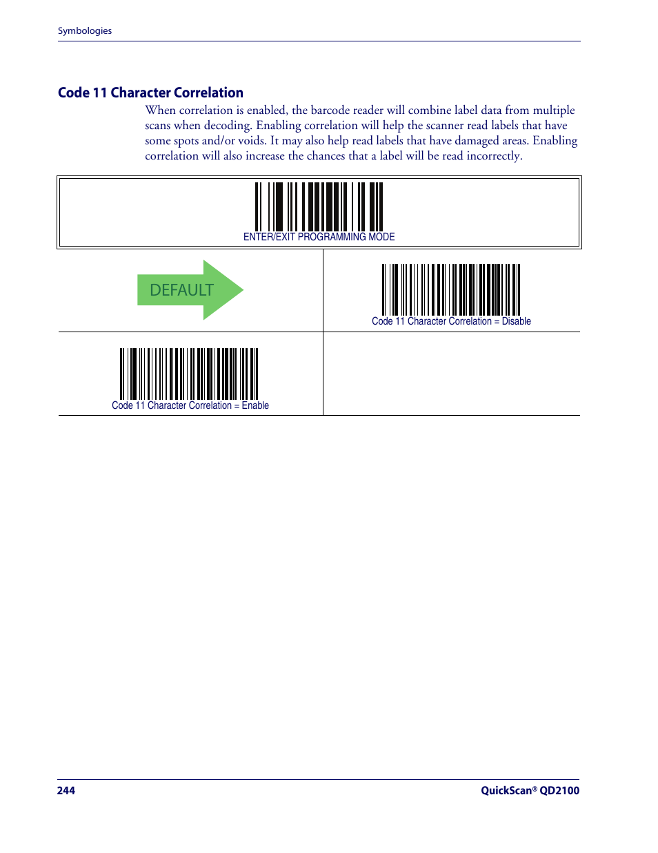 Code 11 character correlation, Default, Code 11 — cont | Rice Lake Datalogic QuickScan QD2100 Linear Imager Hand-held Scanner User Manual | Page 252 / 320