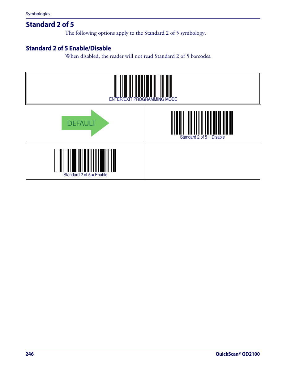 Standard 2 of 5, Standard 2 of 5 enable/disable, Default | Rice Lake Datalogic QuickScan QD2100 Linear Imager Hand-held Scanner User Manual | Page 254 / 320