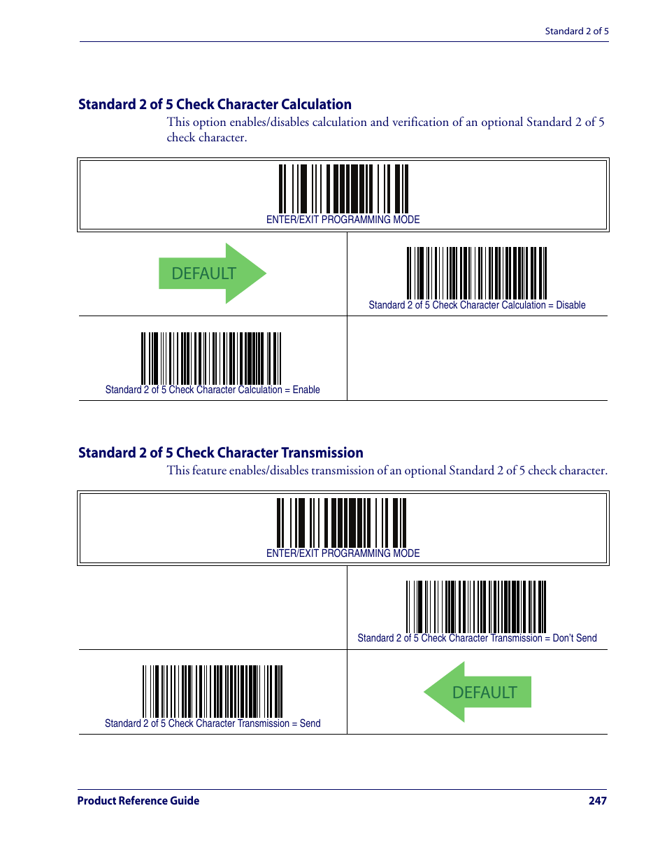 Standard 2 of 5 check character calculation, Standard 2 of 5 check character transmission, Default | Standard 2 of 5 — cont | Rice Lake Datalogic QuickScan QD2100 Linear Imager Hand-held Scanner User Manual | Page 255 / 320