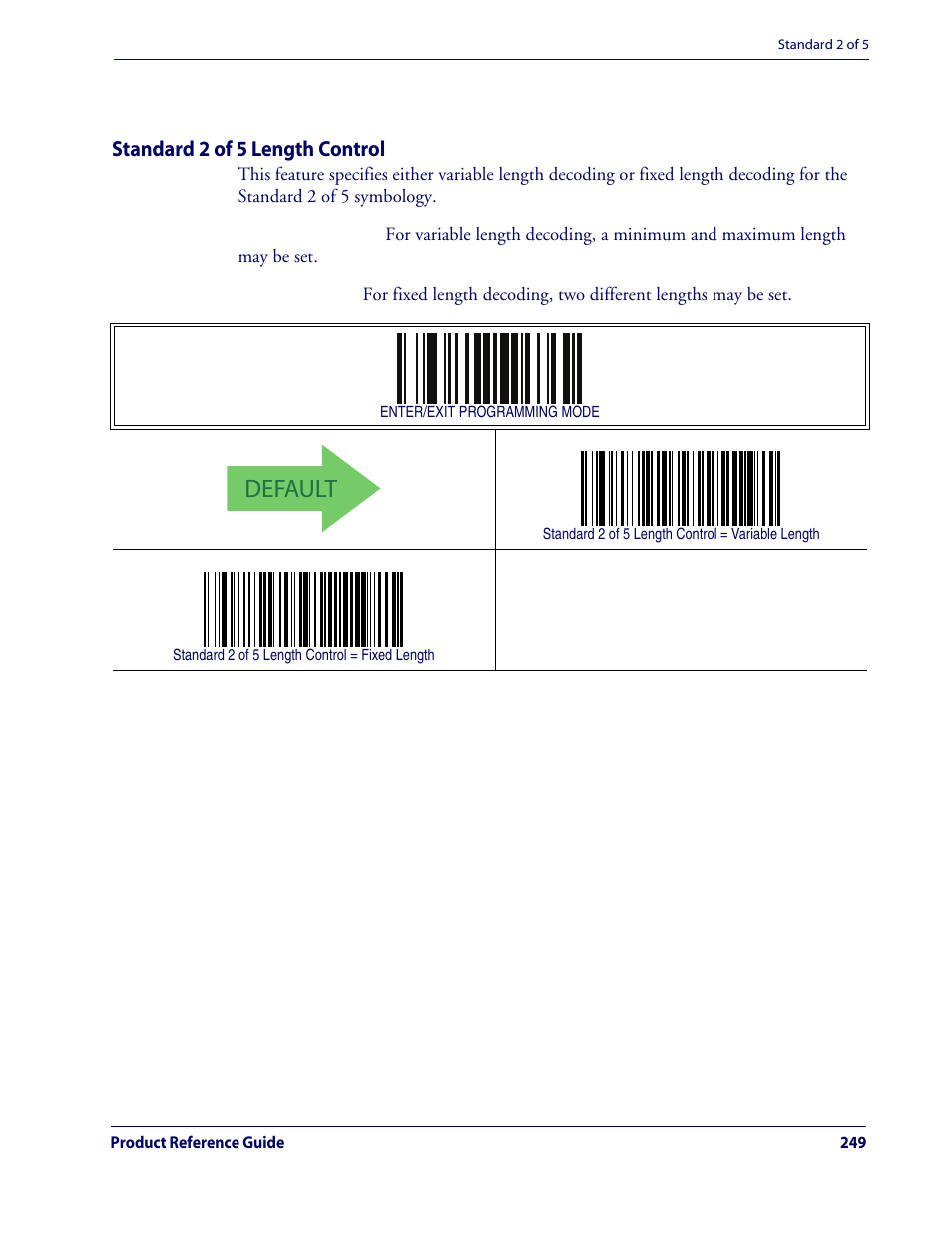 Standard 2 of 5 length control, Default, Standard 2 of 5 — cont | Rice Lake Datalogic QuickScan QD2100 Linear Imager Hand-held Scanner User Manual | Page 257 / 320