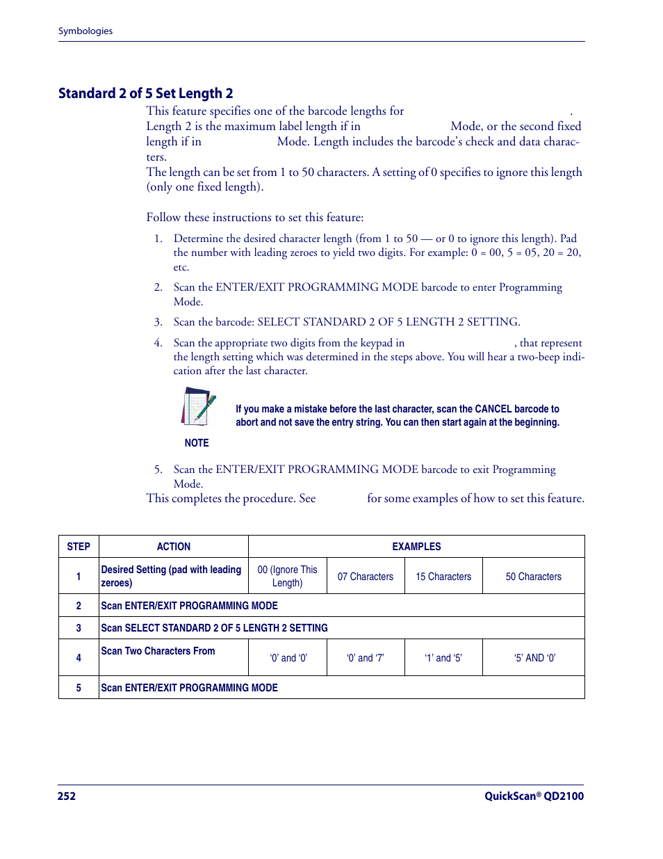 Standard 2 of 5 set length 2, Standard 2 of 5 — cont | Rice Lake Datalogic QuickScan QD2100 Linear Imager Hand-held Scanner User Manual | Page 260 / 320