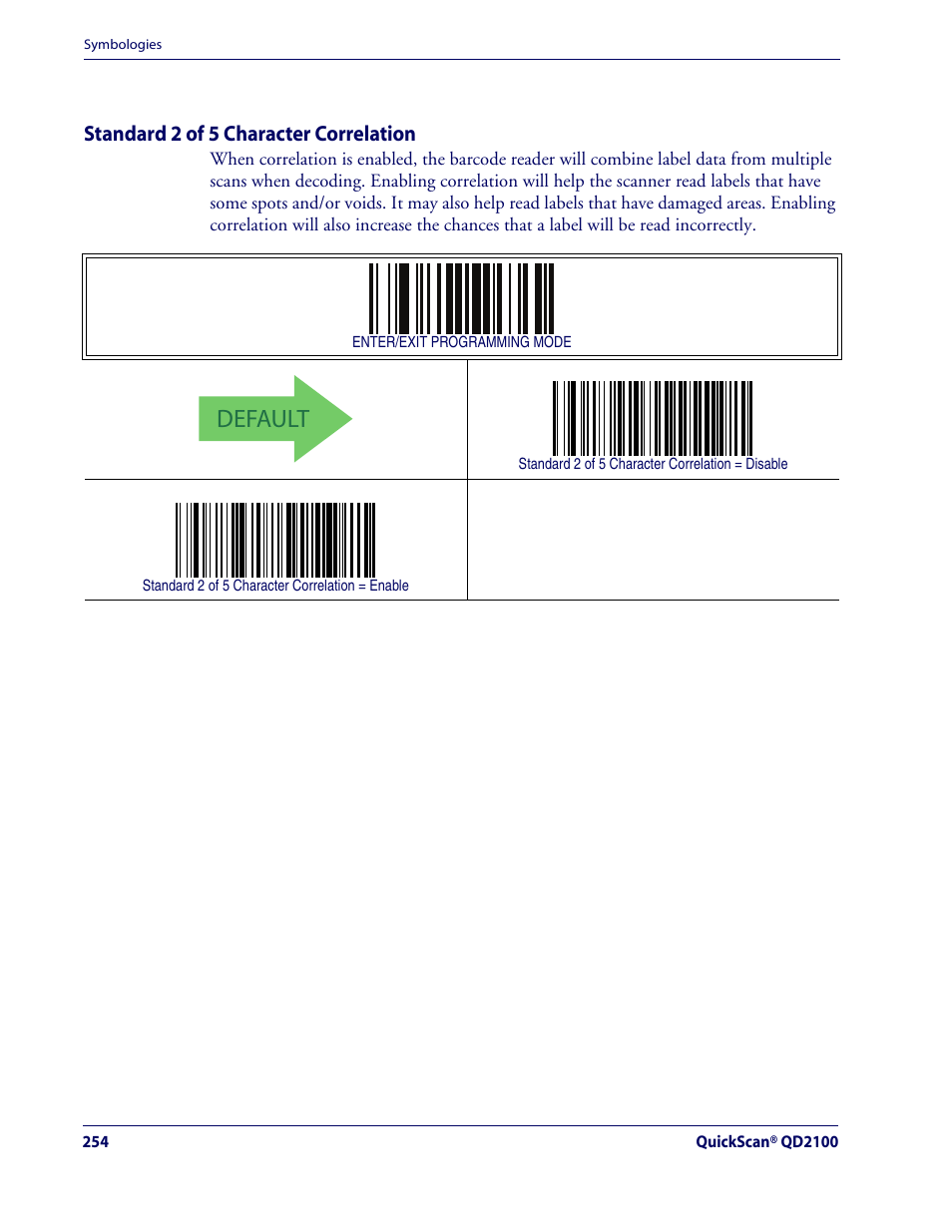 Standard 2 of 5 character correlation, Default, Standard 2 of 5 — cont | Rice Lake Datalogic QuickScan QD2100 Linear Imager Hand-held Scanner User Manual | Page 262 / 320