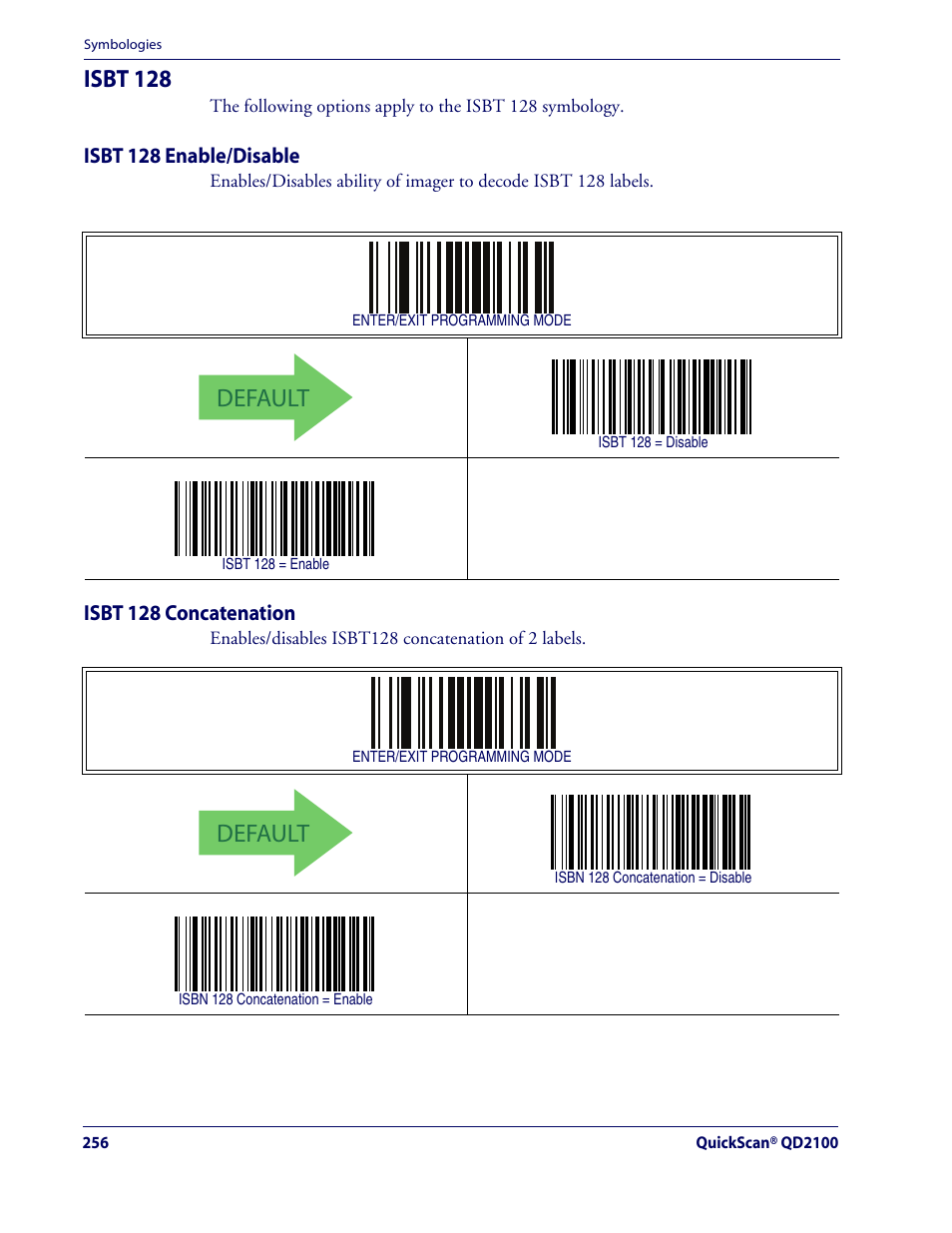 Isbt 128, Isbt 128 enable/disable, Isbt 128 concatenation | Isbt 128 enable/disable isbt 128 concatenation, Default | Rice Lake Datalogic QuickScan QD2100 Linear Imager Hand-held Scanner User Manual | Page 264 / 320