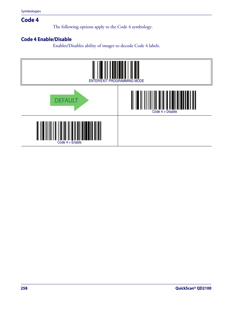 Code 4, Code 4 enable/disable, Default | Rice Lake Datalogic QuickScan QD2100 Linear Imager Hand-held Scanner User Manual | Page 266 / 320