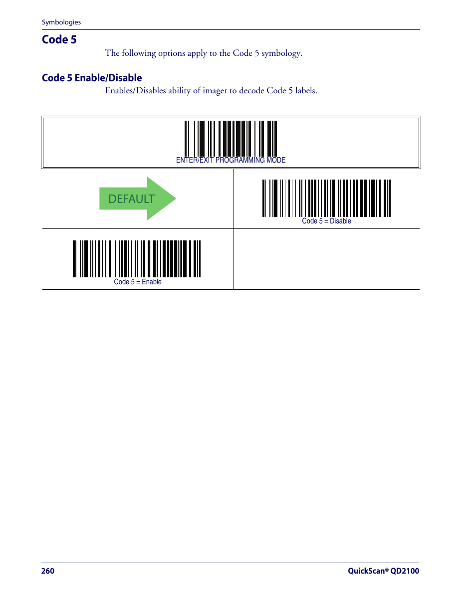 Code 5, Code 5 enable/disable, Default | Rice Lake Datalogic QuickScan QD2100 Linear Imager Hand-held Scanner User Manual | Page 268 / 320