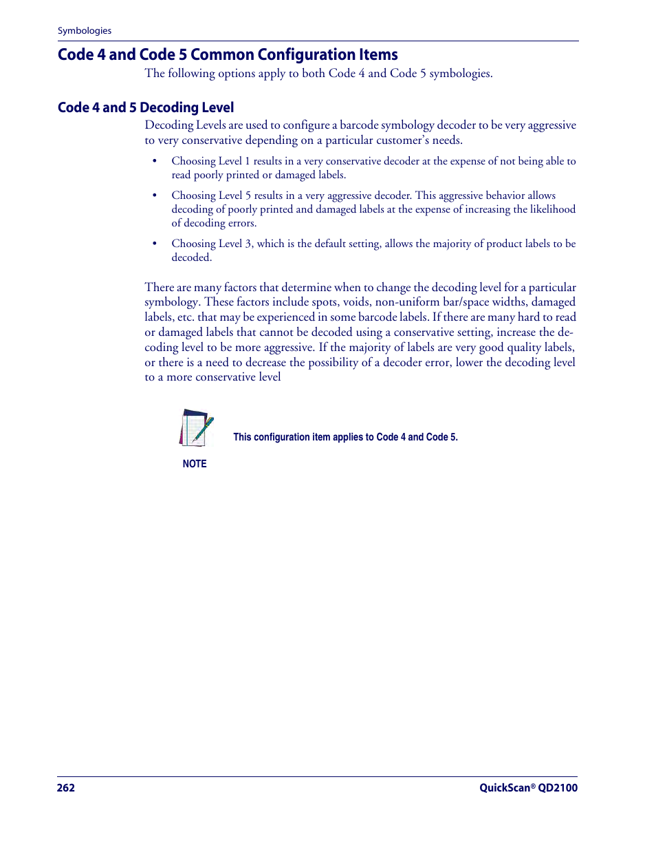 Code 4 and code 5 common configuration items, Code 4 and 5 decoding level | Rice Lake Datalogic QuickScan QD2100 Linear Imager Hand-held Scanner User Manual | Page 270 / 320