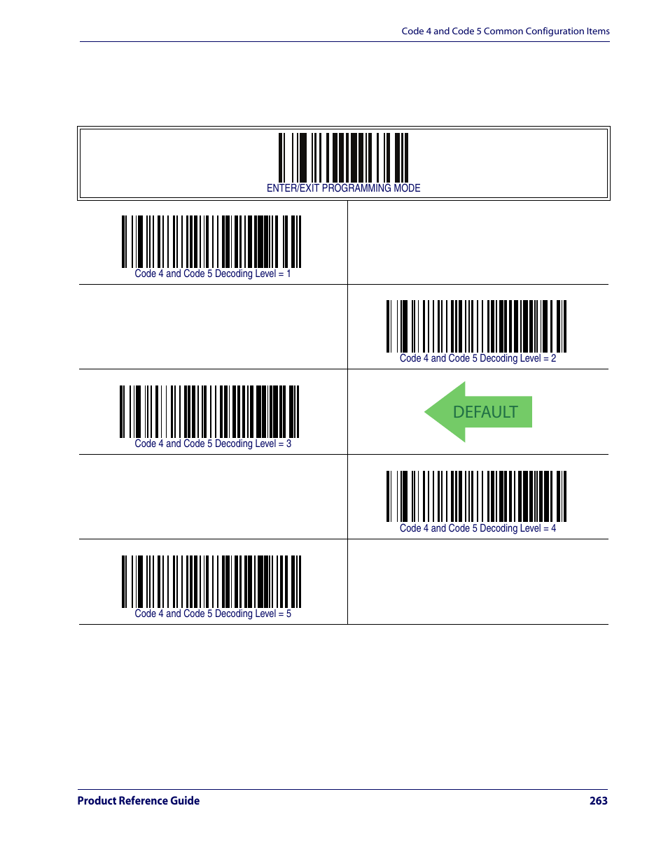 Default, Code 4 and 5 decoding level — cont | Rice Lake Datalogic QuickScan QD2100 Linear Imager Hand-held Scanner User Manual | Page 271 / 320