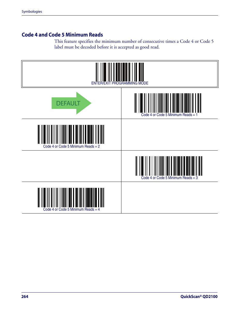 Code 4 and code 5 minimum reads, Default | Rice Lake Datalogic QuickScan QD2100 Linear Imager Hand-held Scanner User Manual | Page 272 / 320