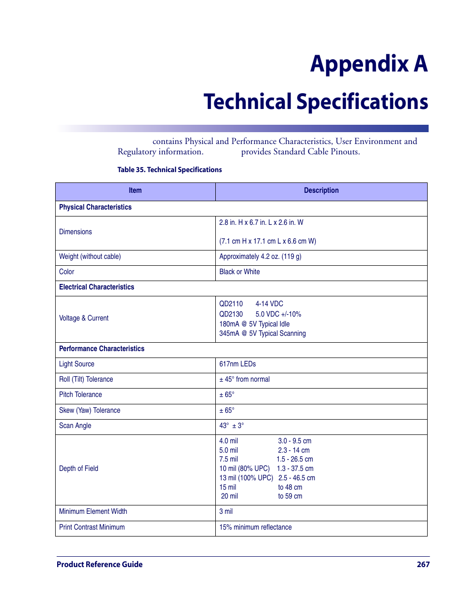 Technical specifications, Appendix a. technical specifications, Appendix a, technical specifications | Appendix a | Rice Lake Datalogic QuickScan QD2100 Linear Imager Hand-held Scanner User Manual | Page 275 / 320