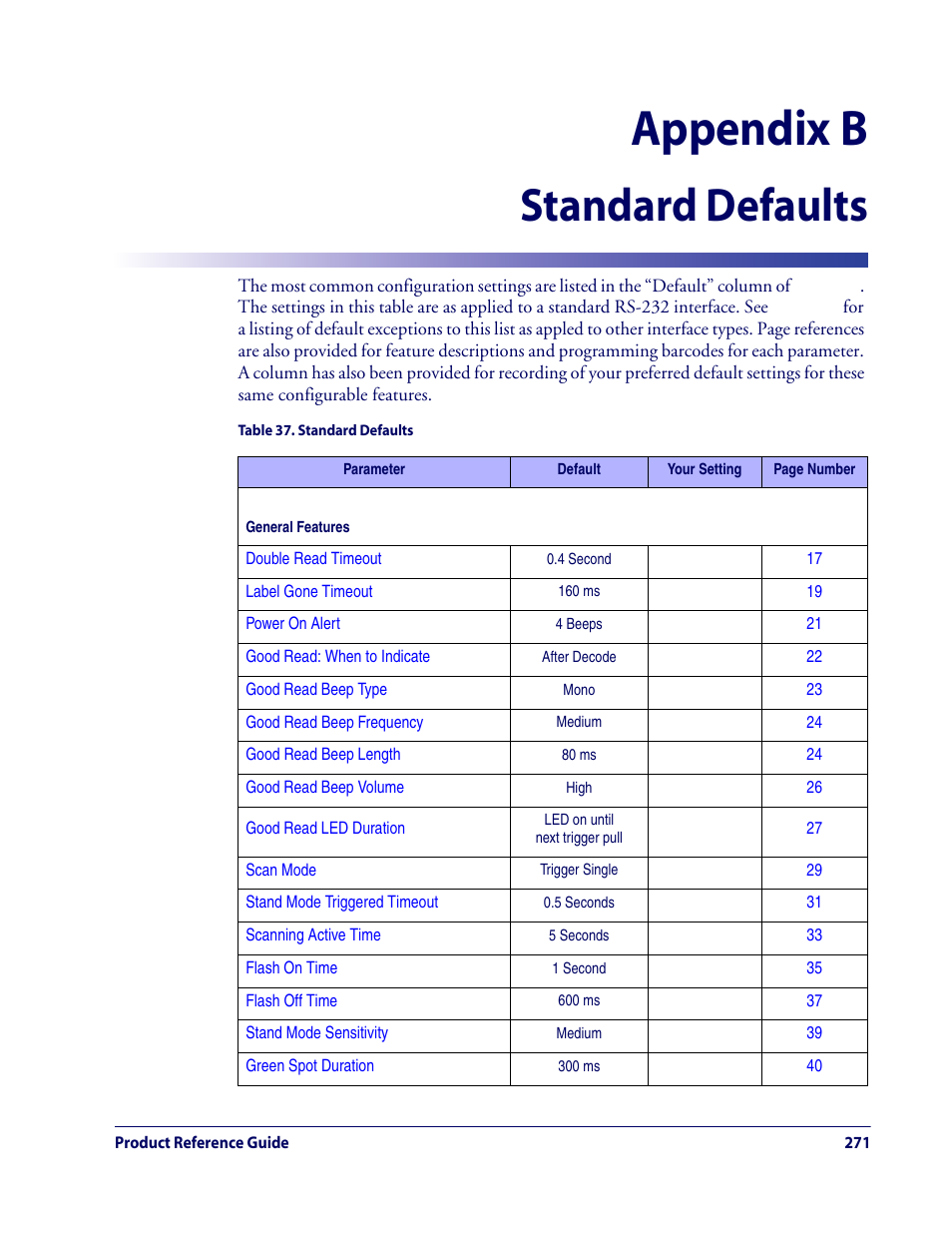 Standard defaults, Appendix b. standard defaults, Appendix b, standard defaults | References common factory de, Appendix b | Rice Lake Datalogic QuickScan QD2100 Linear Imager Hand-held Scanner User Manual | Page 279 / 320