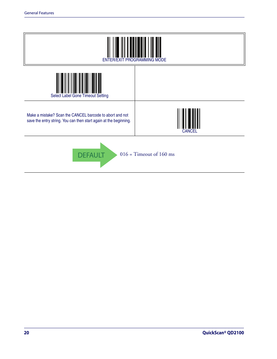 Default, Label gone timeout — cont | Rice Lake Datalogic QuickScan QD2100 Linear Imager Hand-held Scanner User Manual | Page 28 / 320