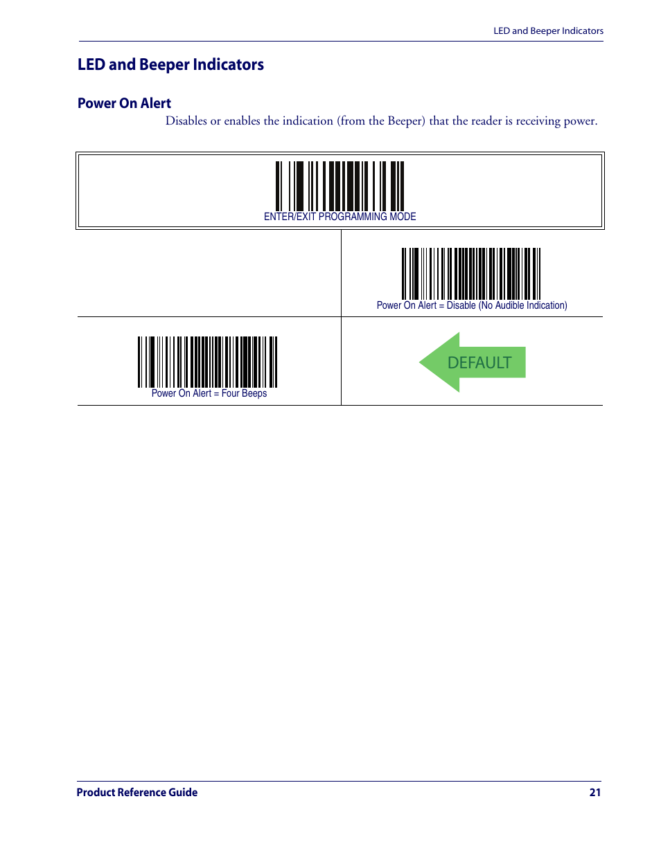 Led and beeper indicators, Power on alert, Default | Rice Lake Datalogic QuickScan QD2100 Linear Imager Hand-held Scanner User Manual | Page 29 / 320