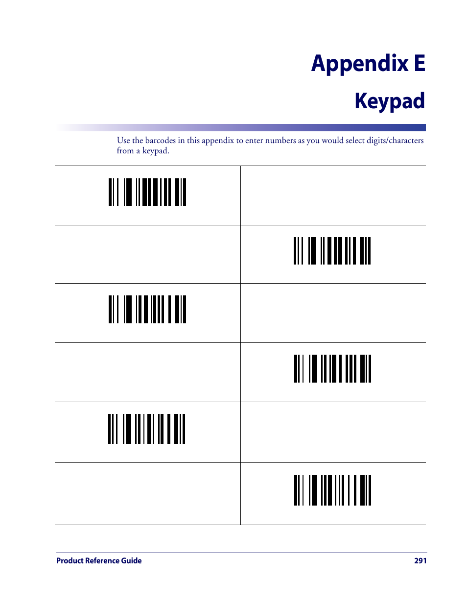 Keypad, Appendix e. keypad, Appendix e, keypad | Om the keypad in, Appendix e, key, That r, Keypad in, Appendix e, That, Om the alphanumeric characters in | Rice Lake Datalogic QuickScan QD2100 Linear Imager Hand-held Scanner User Manual | Page 299 / 320