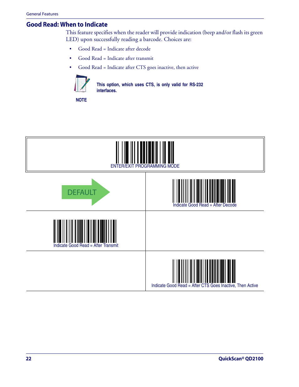 Good read: when to indicate, Default | Rice Lake Datalogic QuickScan QD2100 Linear Imager Hand-held Scanner User Manual | Page 30 / 320