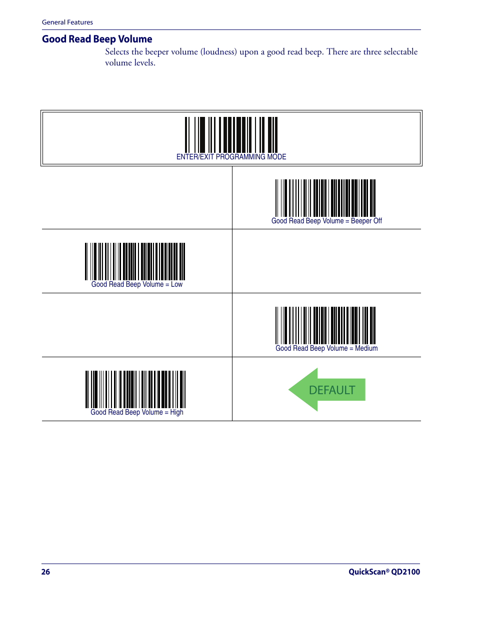 Good read beep volume, Default | Rice Lake Datalogic QuickScan QD2100 Linear Imager Hand-held Scanner User Manual | Page 34 / 320