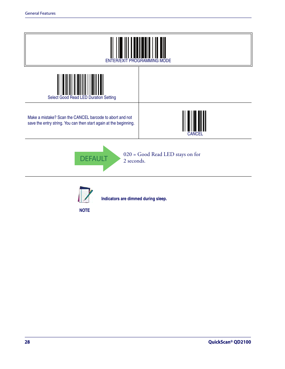 Default, Good read led duration — cont | Rice Lake Datalogic QuickScan QD2100 Linear Imager Hand-held Scanner User Manual | Page 36 / 320