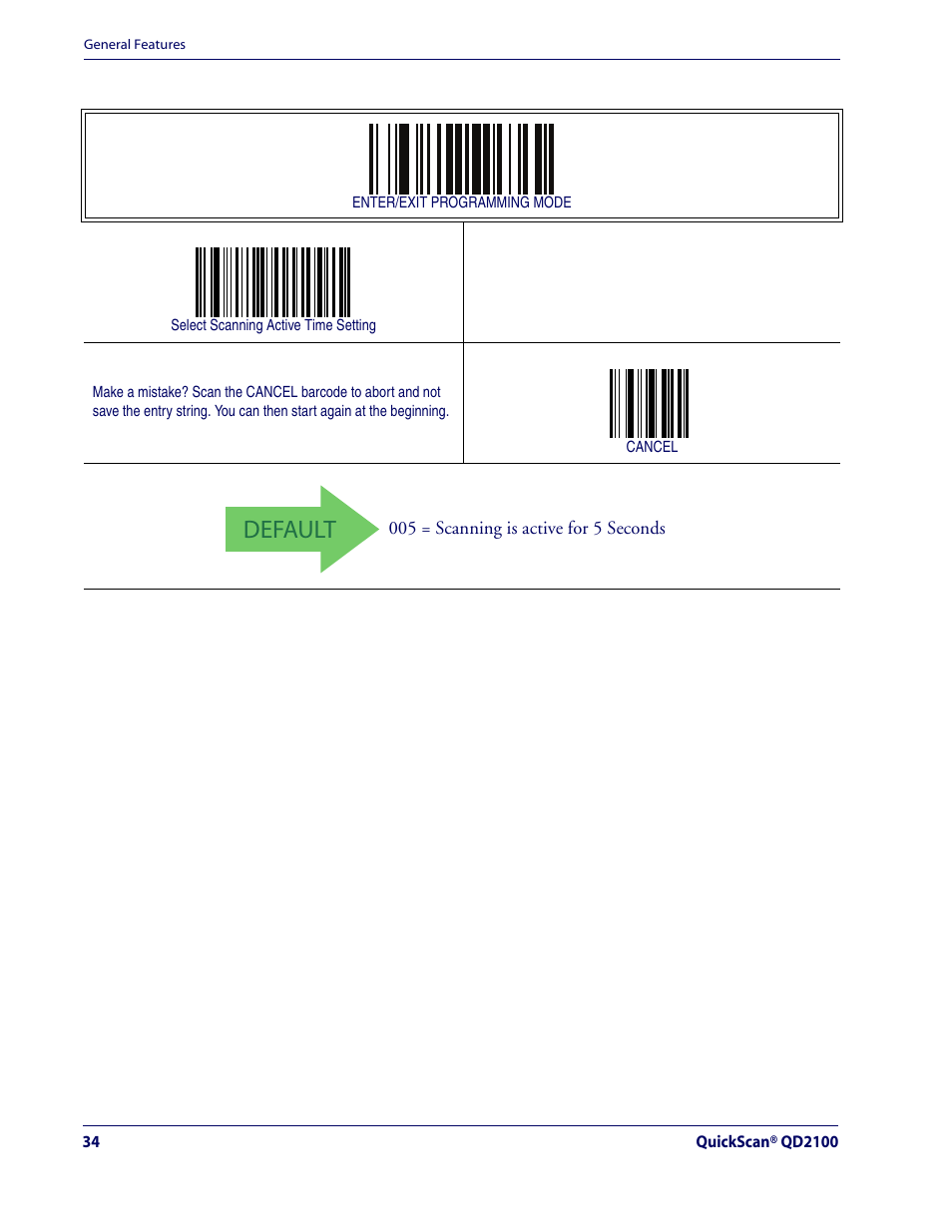 Default, Scanning active time — cont | Rice Lake Datalogic QuickScan QD2100 Linear Imager Hand-held Scanner User Manual | Page 42 / 320