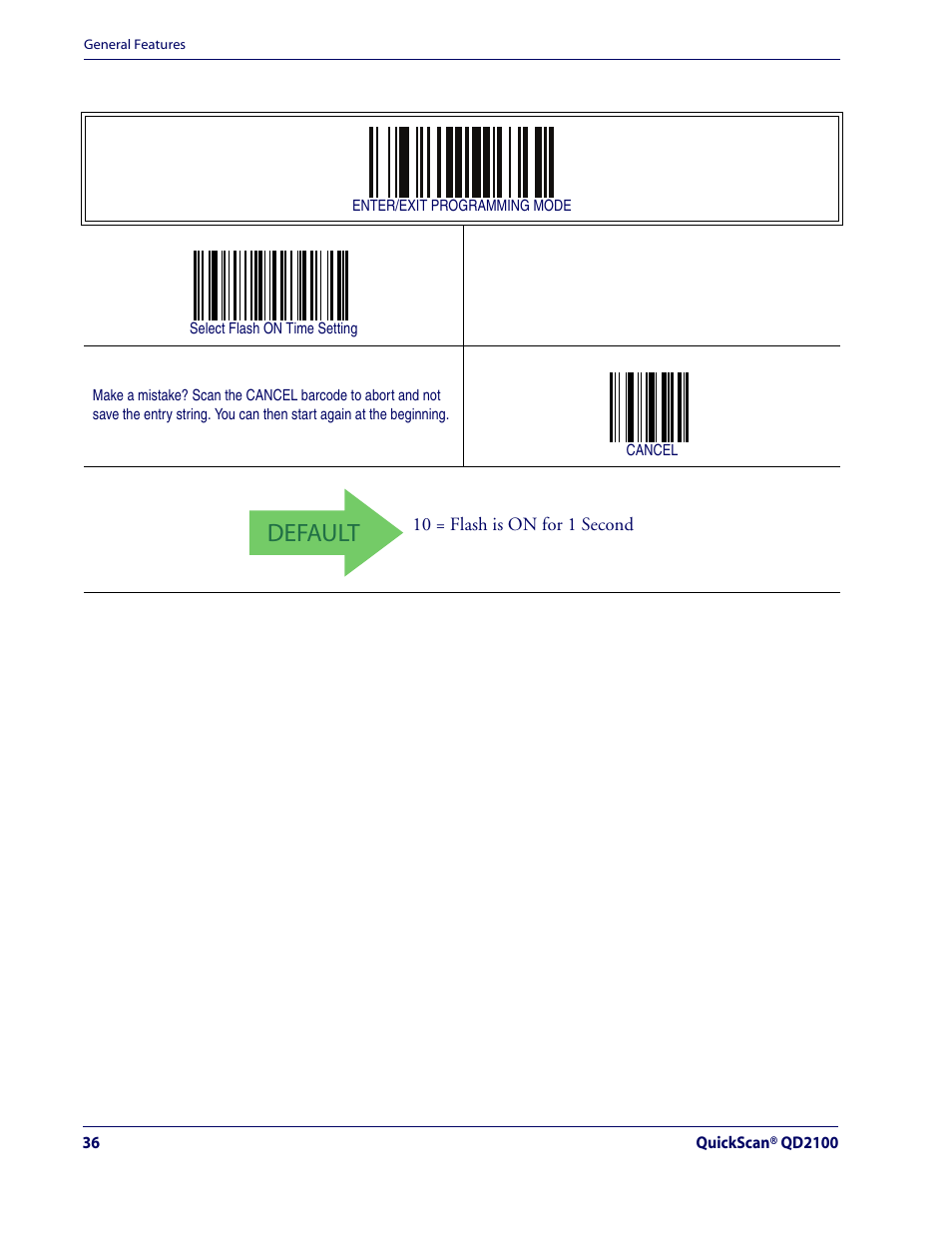 Default, Flash on time — cont | Rice Lake Datalogic QuickScan QD2100 Linear Imager Hand-held Scanner User Manual | Page 44 / 320