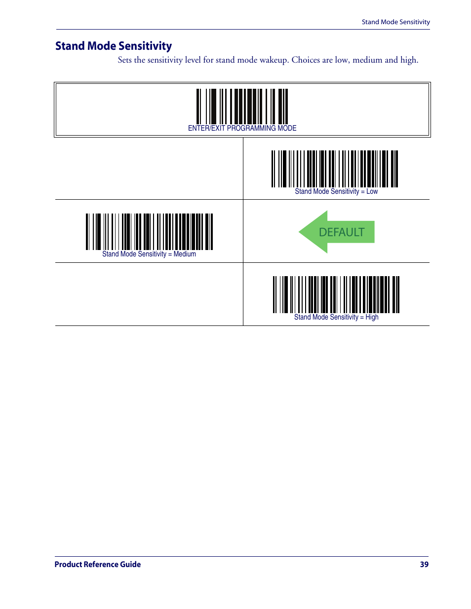 Stand mode sensitivity, Default | Rice Lake Datalogic QuickScan QD2100 Linear Imager Hand-held Scanner User Manual | Page 47 / 320