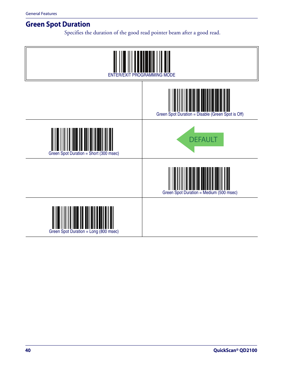 Green spot duration, Default | Rice Lake Datalogic QuickScan QD2100 Linear Imager Hand-held Scanner User Manual | Page 48 / 320