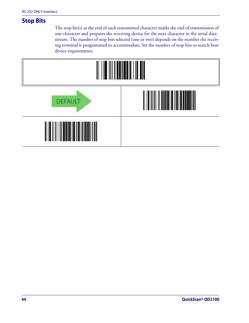 Stop bits, Default | Rice Lake Datalogic QuickScan QD2100 Linear Imager Hand-held Scanner User Manual | Page 52 / 320