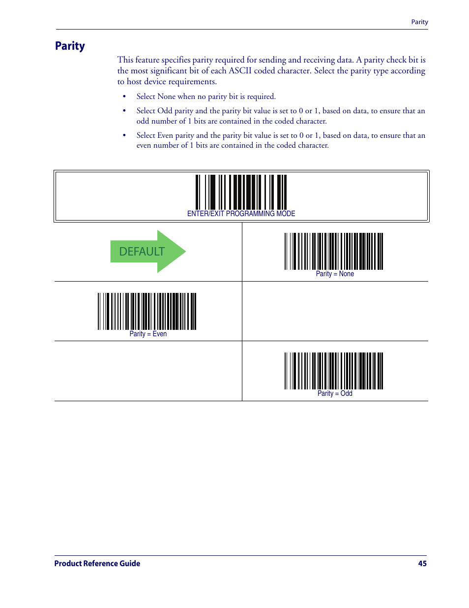 Parity, Default | Rice Lake Datalogic QuickScan QD2100 Linear Imager Hand-held Scanner User Manual | Page 53 / 320