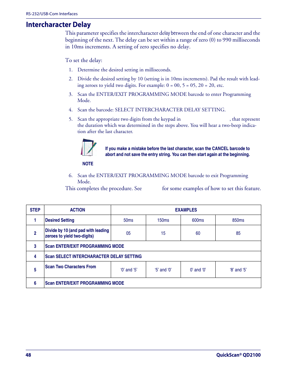 Intercharacter delay | Rice Lake Datalogic QuickScan QD2100 Linear Imager Hand-held Scanner User Manual | Page 56 / 320