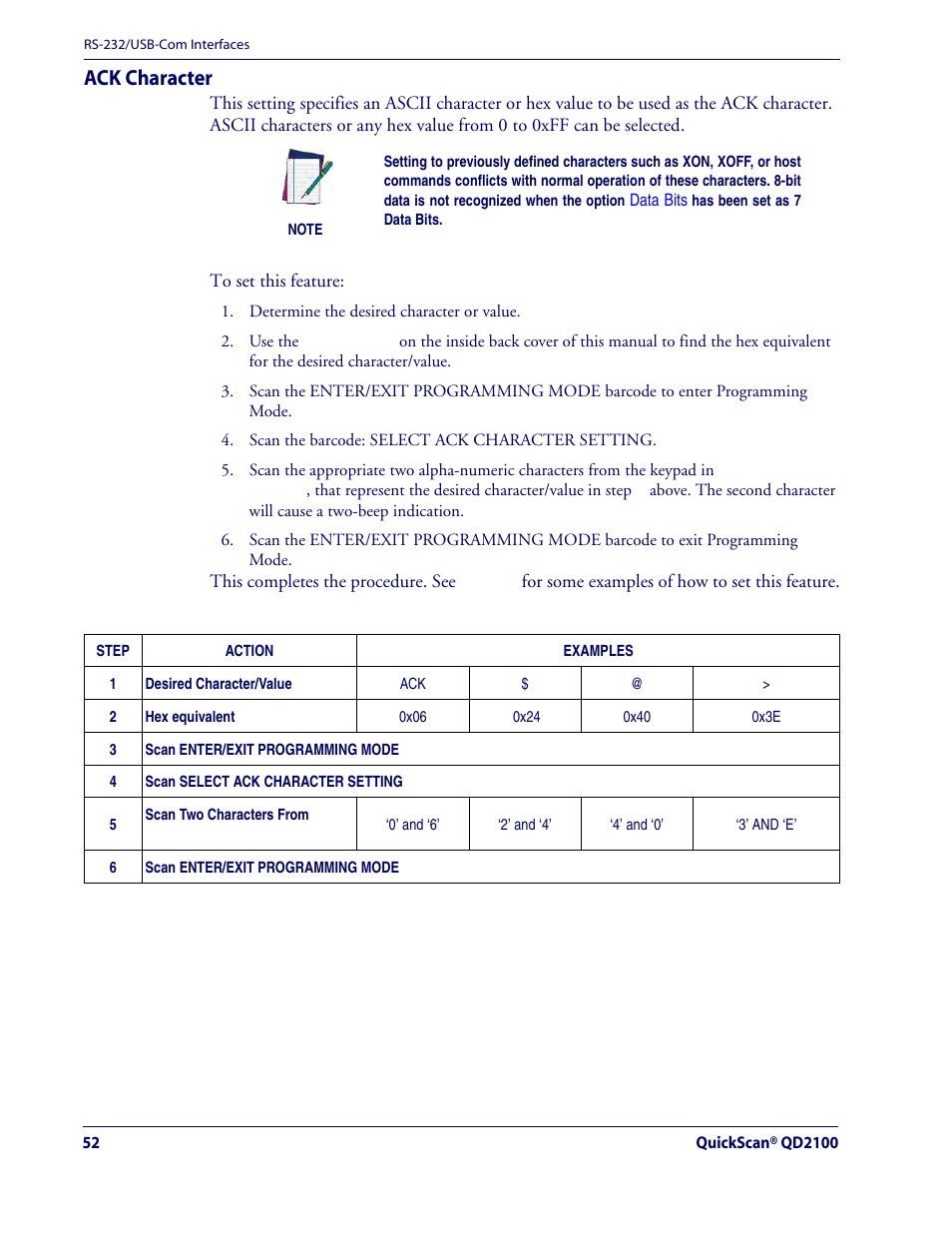 Ack character | Rice Lake Datalogic QuickScan QD2100 Linear Imager Hand-held Scanner User Manual | Page 60 / 320