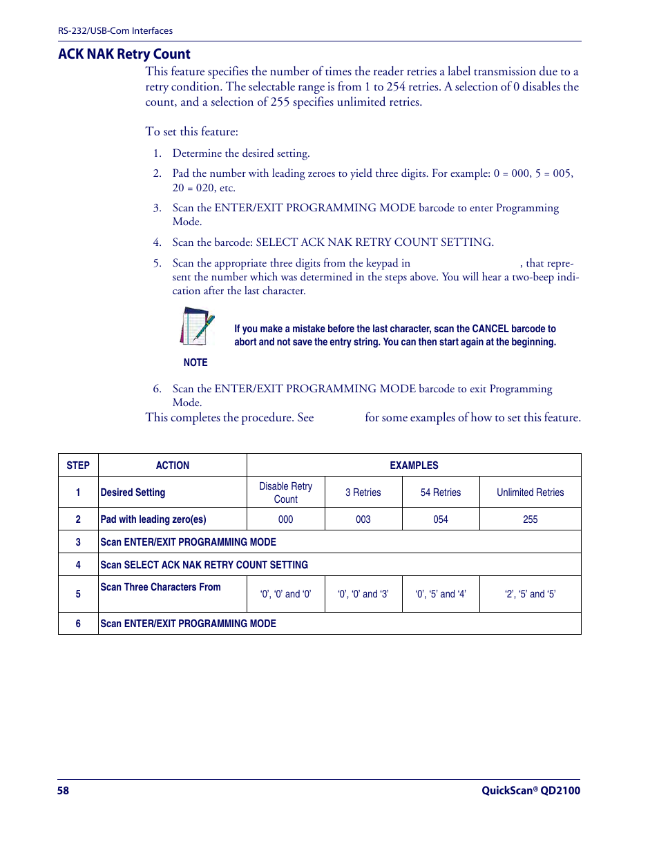 Ack nak retry count | Rice Lake Datalogic QuickScan QD2100 Linear Imager Hand-held Scanner User Manual | Page 66 / 320