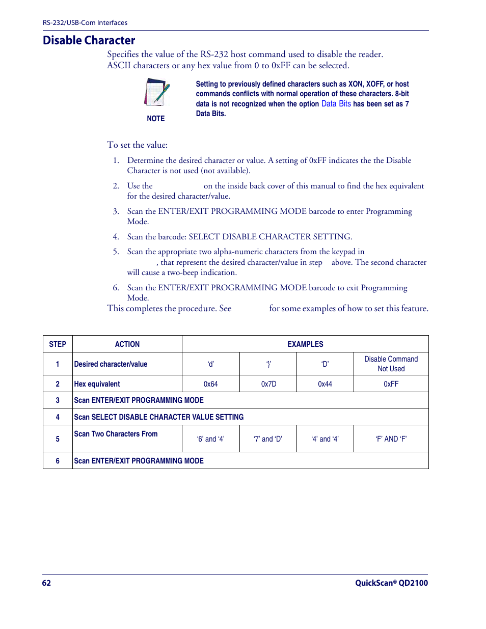 Disable character | Rice Lake Datalogic QuickScan QD2100 Linear Imager Hand-held Scanner User Manual | Page 70 / 320