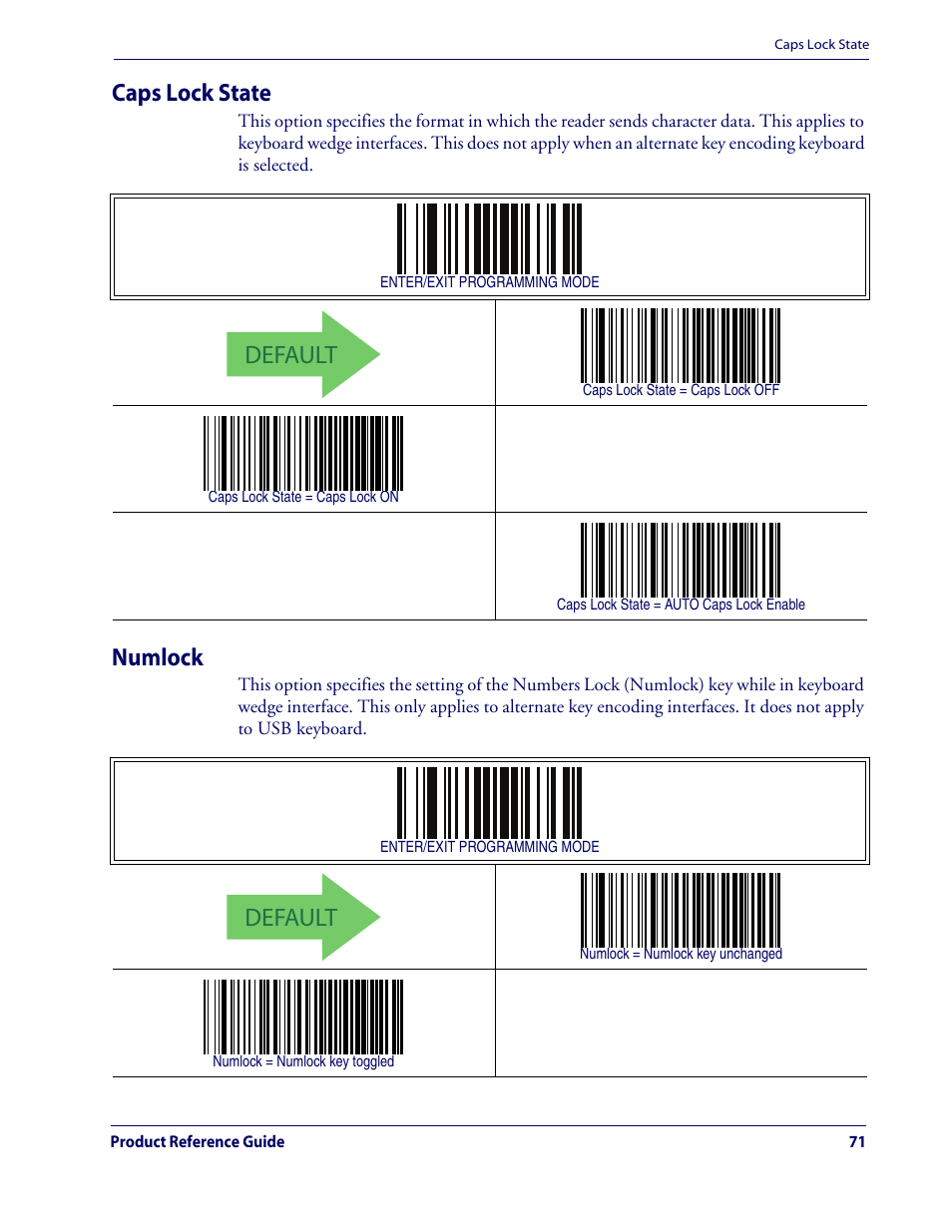 Caps lock state, Numlock, Caps lock state numlock | Default | Rice Lake Datalogic QuickScan QD2100 Linear Imager Hand-held Scanner User Manual | Page 79 / 320