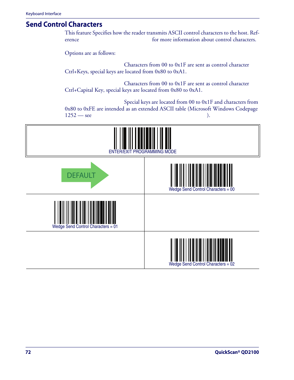 Send control characters, Default | Rice Lake Datalogic QuickScan QD2100 Linear Imager Hand-held Scanner User Manual | Page 80 / 320