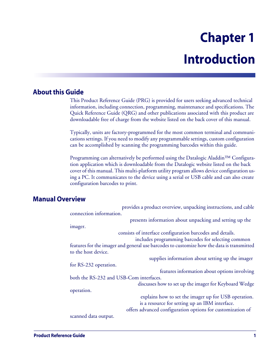 Introduction, About this guide, Manual overview | Chapter 1. introduction, About this guide manual overview, Chapter 1 introduction | Rice Lake Datalogic QuickScan QD2100 Linear Imager Hand-held Scanner User Manual | Page 9 / 320