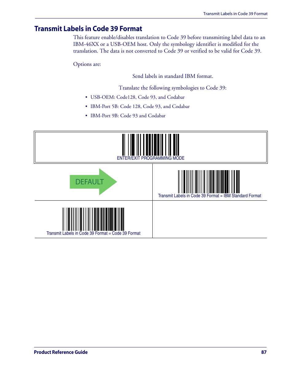 Transmit labels in code 39 format, Default | Rice Lake Datalogic QuickScan QD2100 Linear Imager Hand-held Scanner User Manual | Page 95 / 320