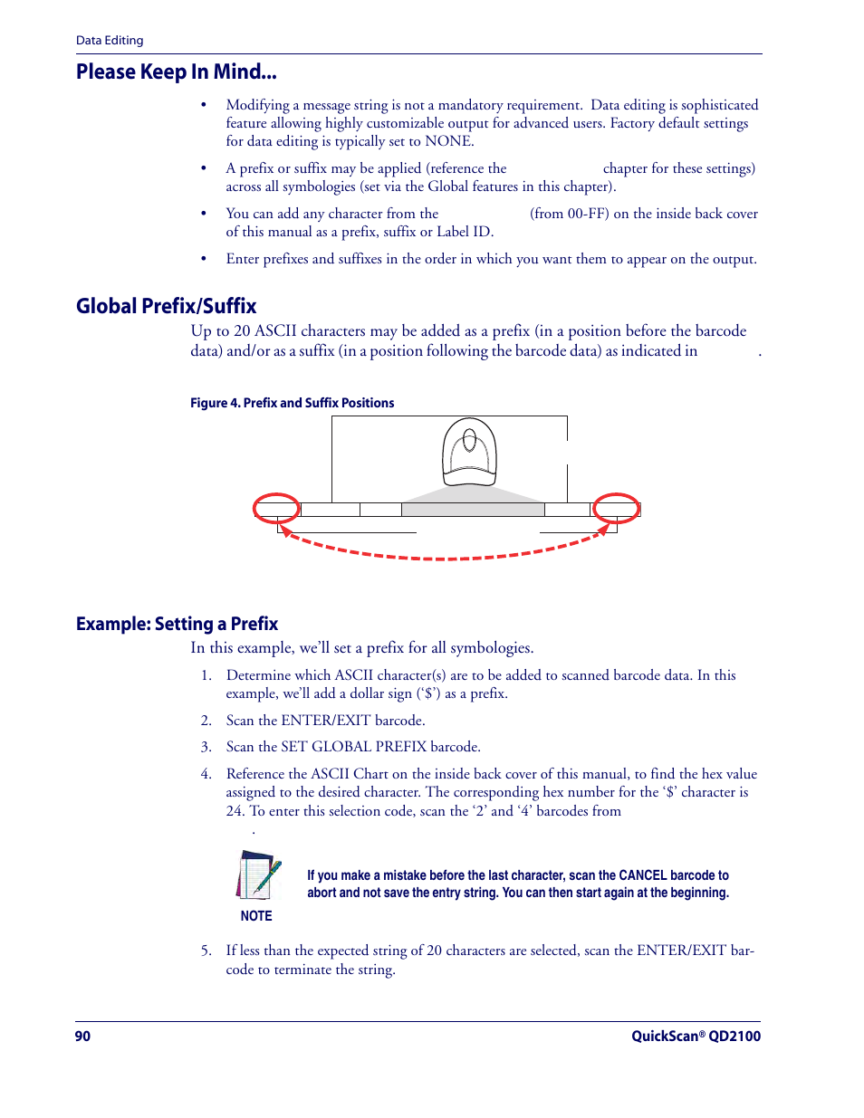 Please keep in mind, Global prefix/suffix, Example: setting a prefix | Please keep in mind global prefix/suffix | Rice Lake Datalogic QuickScan QD2100 Linear Imager Hand-held Scanner User Manual | Page 98 / 320