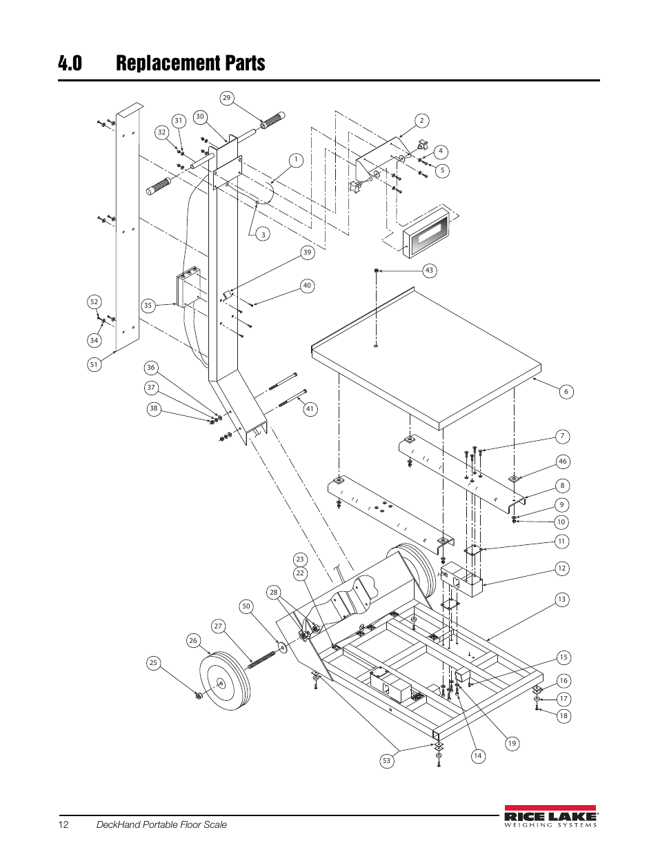 0 replacement parts, Replacement parts, Figure 4-1 replacement parts illustration | Rice Lake DeckHand/DeckHand Rough-n-Ready System User Manual | Page 16 / 22