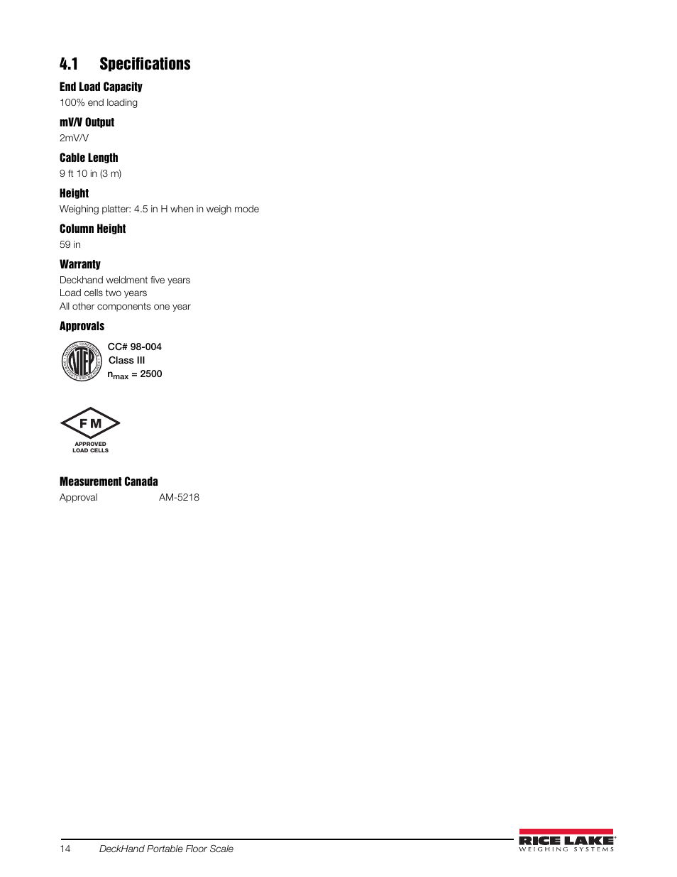 1 specifications, End load capacity, Mv/v output | Cable length, Height, Column height, Warranty, Approvals measurement canada, 14 deckhand portable floor scale, 100% end loading | Rice Lake DeckHand/DeckHand Rough-n-Ready System User Manual | Page 18 / 22