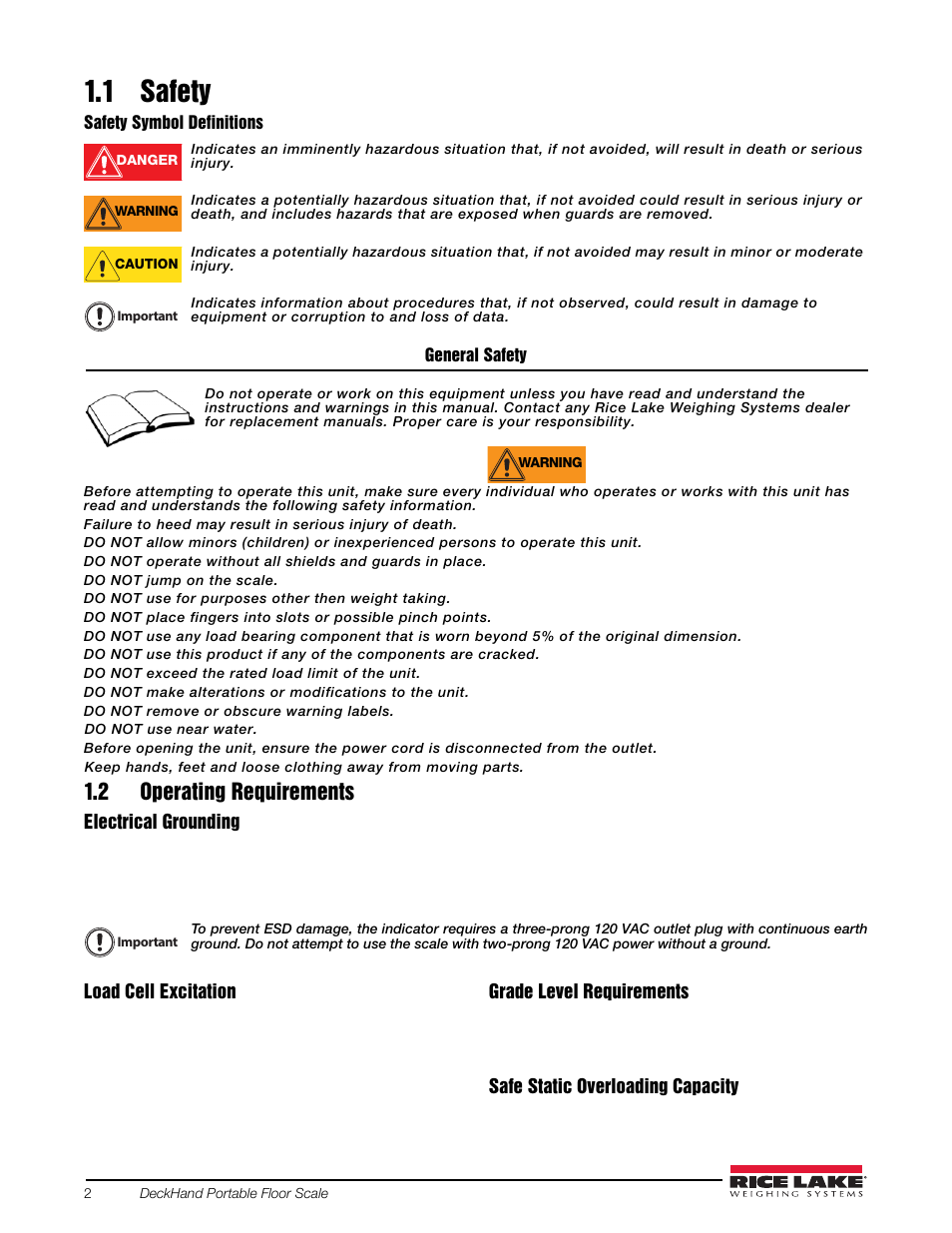 1 safety, 2 operating requirements, 1 safety 1.2 operating requirements | Rice Lake DeckHand/DeckHand Rough-n-Ready System User Manual | Page 6 / 22